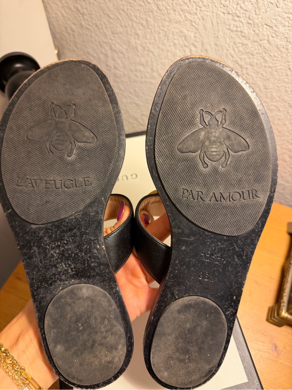 Gucci Black Leather Thong Sandals with Gold Double G Hardware - Picture 3 of 5